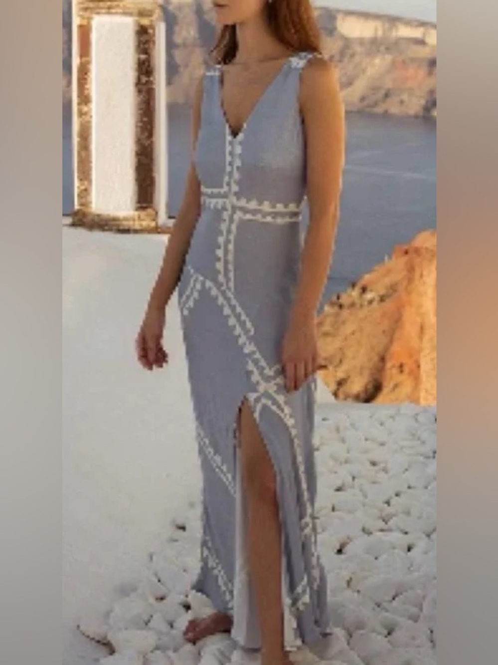 NWT Mon Renn Serape Light Blue V-Neck Maxi Dress with White Geometric Trim Sz S